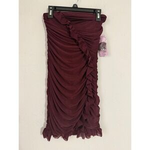 FYI Women Burgundy Ruched Strapless Ruffle Mini Dress Recycled Polyester Size 10